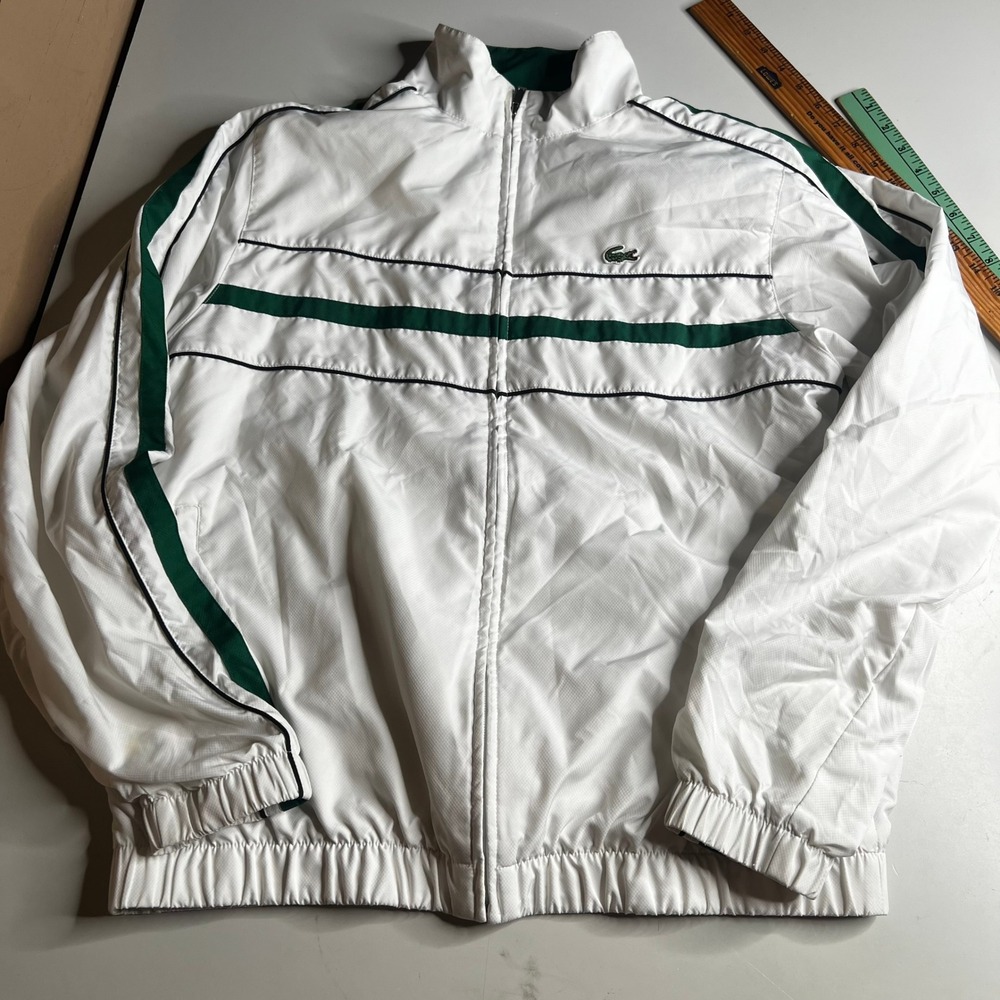 Lacoste Mens Track Jacket White Green Navy Stripe Ripstop Spellout Logo XL